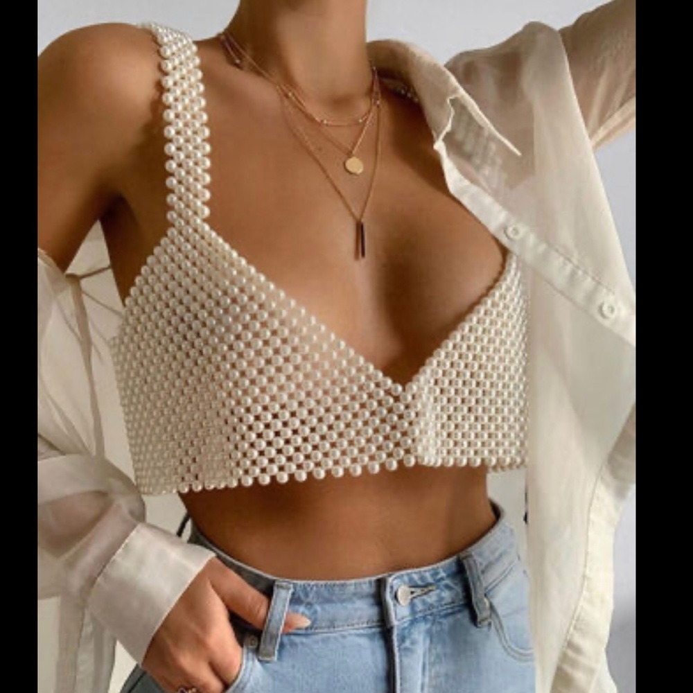 ♦️ Beaded Bra Crop Top Cream Color Pearl Plastic Beads